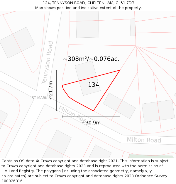 134, TENNYSON ROAD, CHELTENHAM, GL51 7DB: Plot and title map