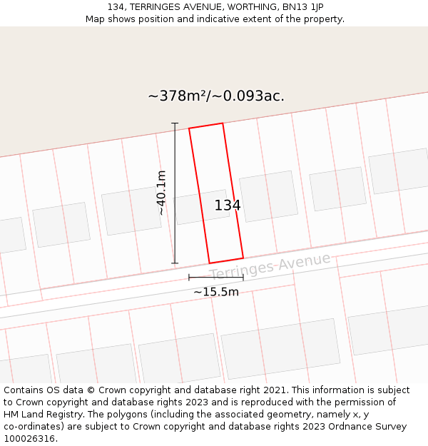 134, TERRINGES AVENUE, WORTHING, BN13 1JP: Plot and title map