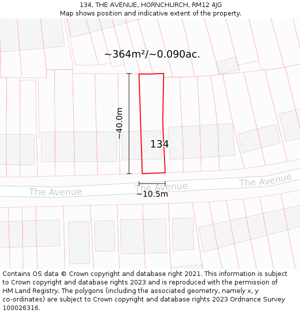 134, THE AVENUE, HORNCHURCH, RM12 4JG: Plot and title map