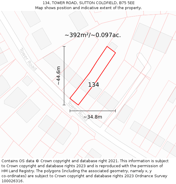 134, TOWER ROAD, SUTTON COLDFIELD, B75 5EE: Plot and title map