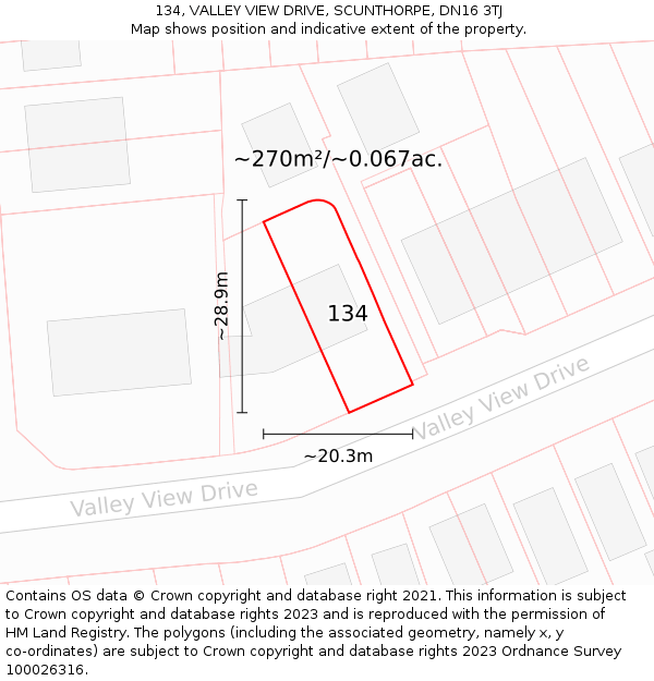 134, VALLEY VIEW DRIVE, SCUNTHORPE, DN16 3TJ: Plot and title map