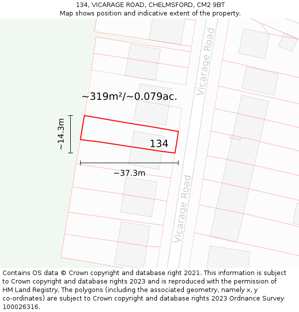 134, VICARAGE ROAD, CHELMSFORD, CM2 9BT: Plot and title map