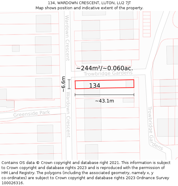 134, WARDOWN CRESCENT, LUTON, LU2 7JT: Plot and title map