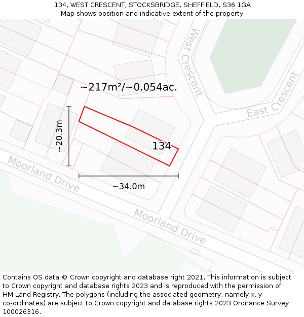 134, WEST CRESCENT, STOCKSBRIDGE, SHEFFIELD, S36 1GA: Plot and title map