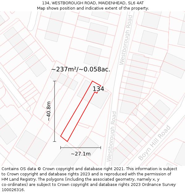 134, WESTBOROUGH ROAD, MAIDENHEAD, SL6 4AT: Plot and title map
