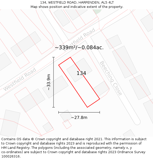 134, WESTFIELD ROAD, HARPENDEN, AL5 4LT: Plot and title map