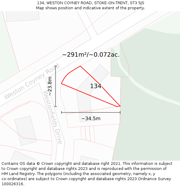 134, WESTON COYNEY ROAD, STOKE-ON-TRENT, ST3 5JS: Plot and title map
