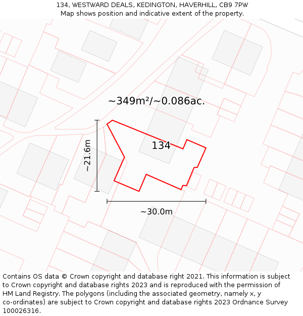134, WESTWARD DEALS, KEDINGTON, HAVERHILL, CB9 7PW: Plot and title map