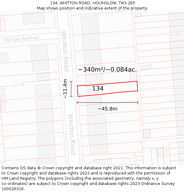134, WHITTON ROAD, HOUNSLOW, TW3 2EP: Plot and title map