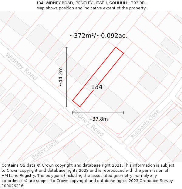 134, WIDNEY ROAD, BENTLEY HEATH, SOLIHULL, B93 9BL: Plot and title map