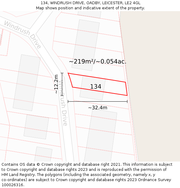 134, WINDRUSH DRIVE, OADBY, LEICESTER, LE2 4GL: Plot and title map