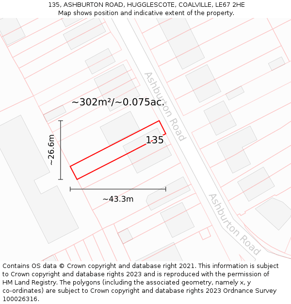 135, ASHBURTON ROAD, HUGGLESCOTE, COALVILLE, LE67 2HE: Plot and title map