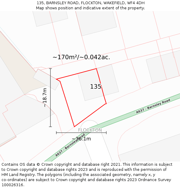 135, BARNSLEY ROAD, FLOCKTON, WAKEFIELD, WF4 4DH: Plot and title map