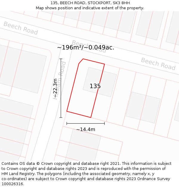 135, BEECH ROAD, STOCKPORT, SK3 8HH: Plot and title map