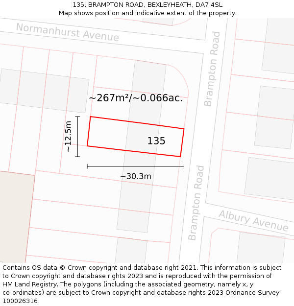 135, BRAMPTON ROAD, BEXLEYHEATH, DA7 4SL: Plot and title map