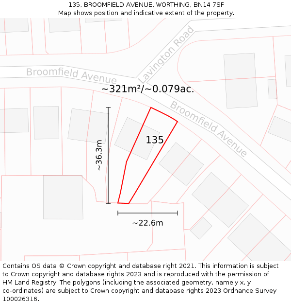 135, BROOMFIELD AVENUE, WORTHING, BN14 7SF: Plot and title map