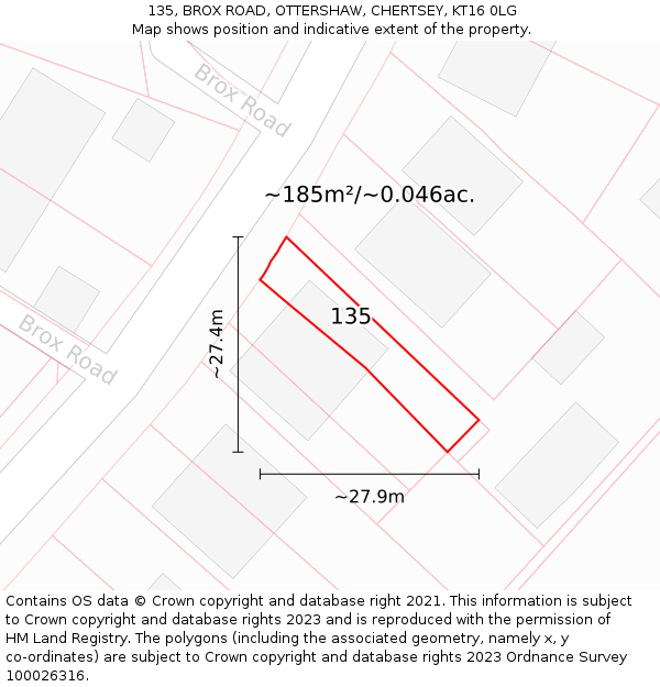 135, BROX ROAD, OTTERSHAW, CHERTSEY, KT16 0LG: Plot and title map