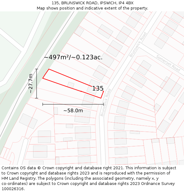 135, BRUNSWICK ROAD, IPSWICH, IP4 4BX: Plot and title map