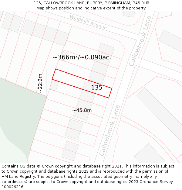 135, CALLOWBROOK LANE, RUBERY, BIRMINGHAM, B45 9HR: Plot and title map