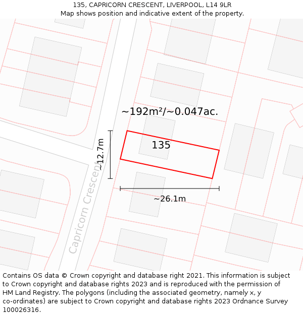 135, CAPRICORN CRESCENT, LIVERPOOL, L14 9LR: Plot and title map