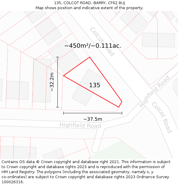 135, COLCOT ROAD, BARRY, CF62 8UJ: Plot and title map