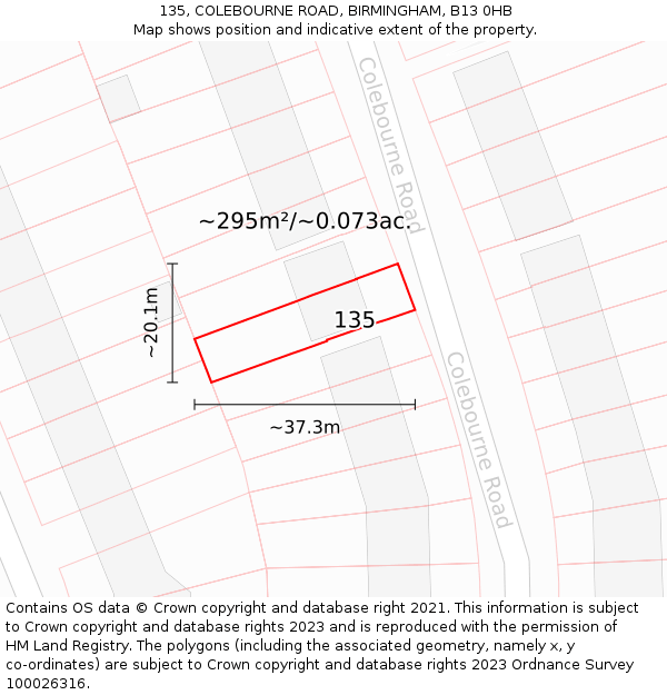 135, COLEBOURNE ROAD, BIRMINGHAM, B13 0HB: Plot and title map