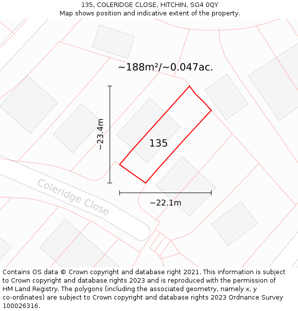 135, COLERIDGE CLOSE, HITCHIN, SG4 0QY: Plot and title map