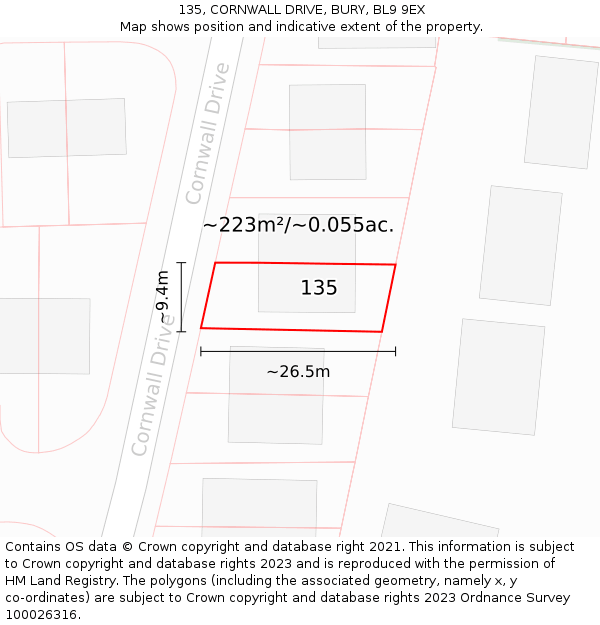 135, CORNWALL DRIVE, BURY, BL9 9EX: Plot and title map