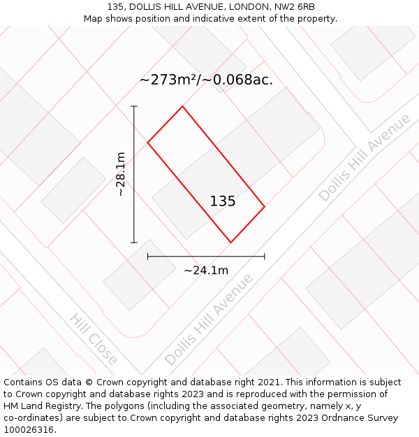 135, DOLLIS HILL AVENUE, LONDON, NW2 6RB: Plot and title map