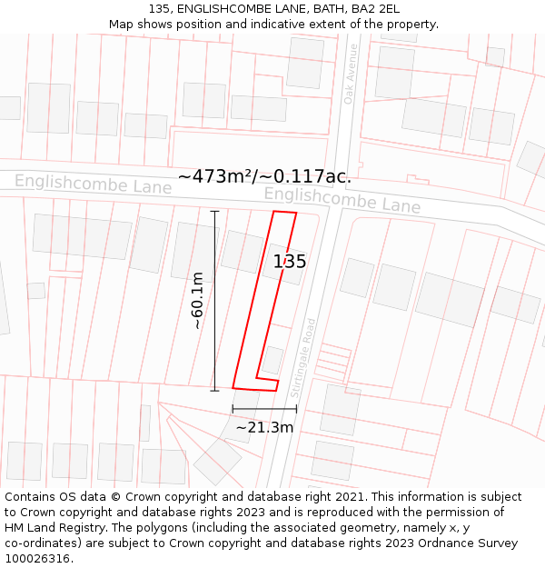 135, ENGLISHCOMBE LANE, BATH, BA2 2EL: Plot and title map