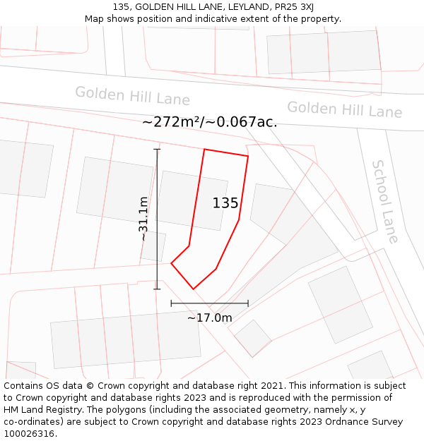 135, GOLDEN HILL LANE, LEYLAND, PR25 3XJ: Plot and title map