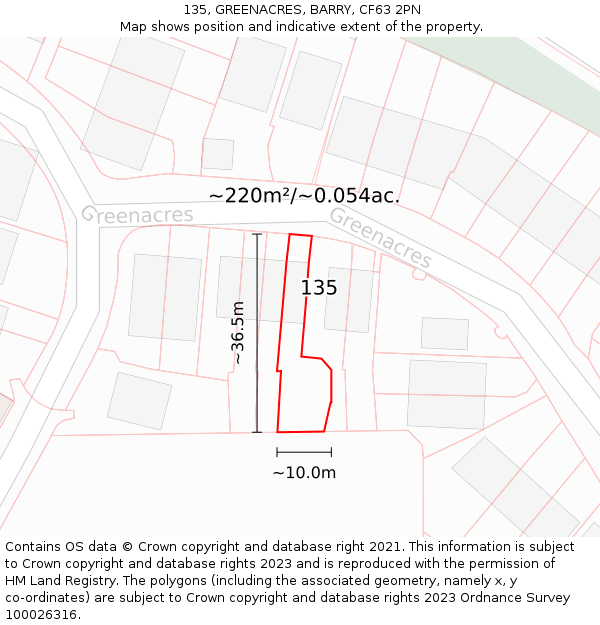 135, GREENACRES, BARRY, CF63 2PN: Plot and title map