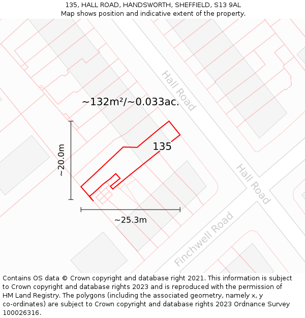 135, HALL ROAD, HANDSWORTH, SHEFFIELD, S13 9AL: Plot and title map