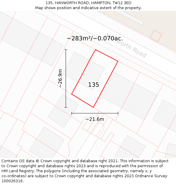 135, HANWORTH ROAD, HAMPTON, TW12 3ED: Plot and title map