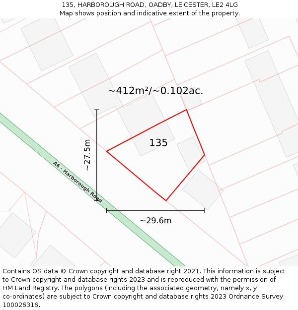 135, HARBOROUGH ROAD, OADBY, LEICESTER, LE2 4LG: Plot and title map