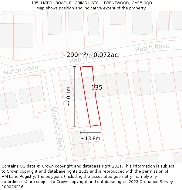 135, HATCH ROAD, PILGRIMS HATCH, BRENTWOOD, CM15 9QB: Plot and title map