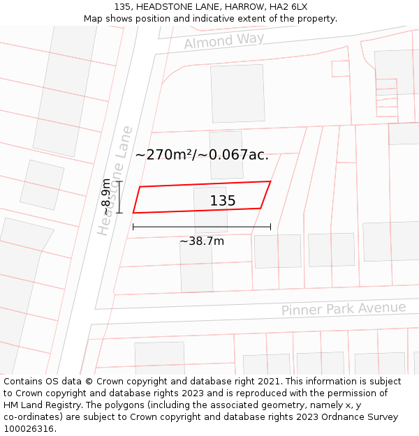 135, HEADSTONE LANE, HARROW, HA2 6LX: Plot and title map