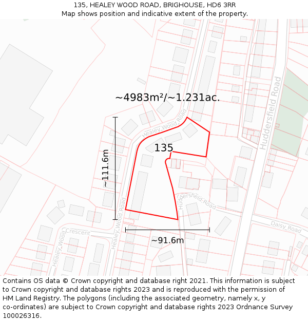 135, HEALEY WOOD ROAD, BRIGHOUSE, HD6 3RR: Plot and title map