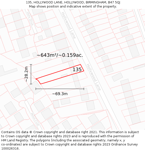 135, HOLLYWOOD LANE, HOLLYWOOD, BIRMINGHAM, B47 5QJ: Plot and title map