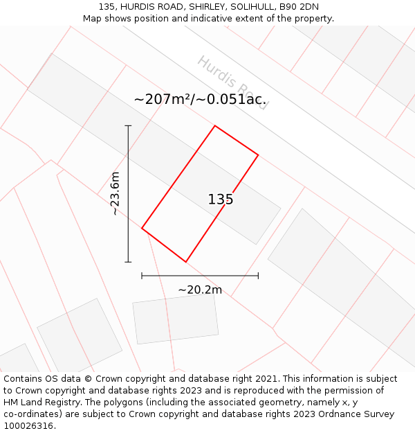 135, HURDIS ROAD, SHIRLEY, SOLIHULL, B90 2DN: Plot and title map