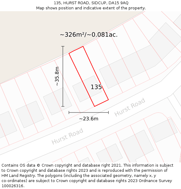 135, HURST ROAD, SIDCUP, DA15 9AQ: Plot and title map