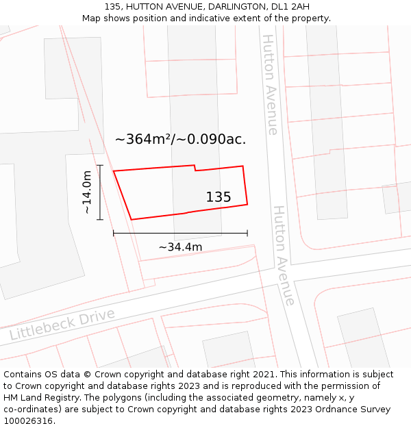 135, HUTTON AVENUE, DARLINGTON, DL1 2AH: Plot and title map