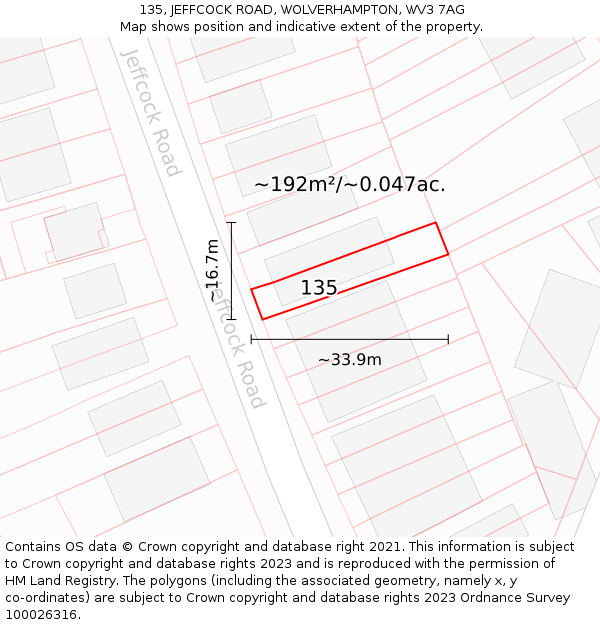 135, JEFFCOCK ROAD, WOLVERHAMPTON, WV3 7AG: Plot and title map