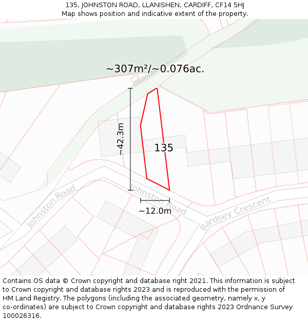 135, JOHNSTON ROAD, LLANISHEN, CARDIFF, CF14 5HJ: Plot and title map