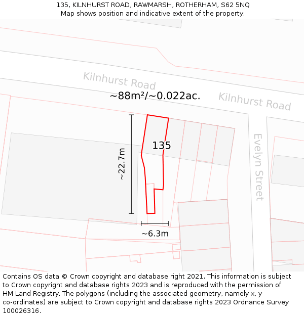 135, KILNHURST ROAD, RAWMARSH, ROTHERHAM, S62 5NQ: Plot and title map