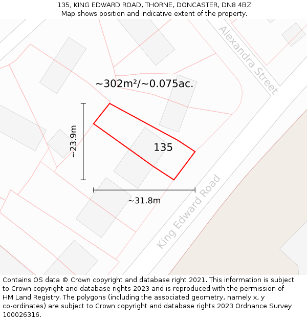 135, KING EDWARD ROAD, THORNE, DONCASTER, DN8 4BZ: Plot and title map