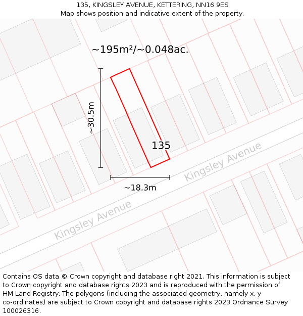 135, KINGSLEY AVENUE, KETTERING, NN16 9ES: Plot and title map