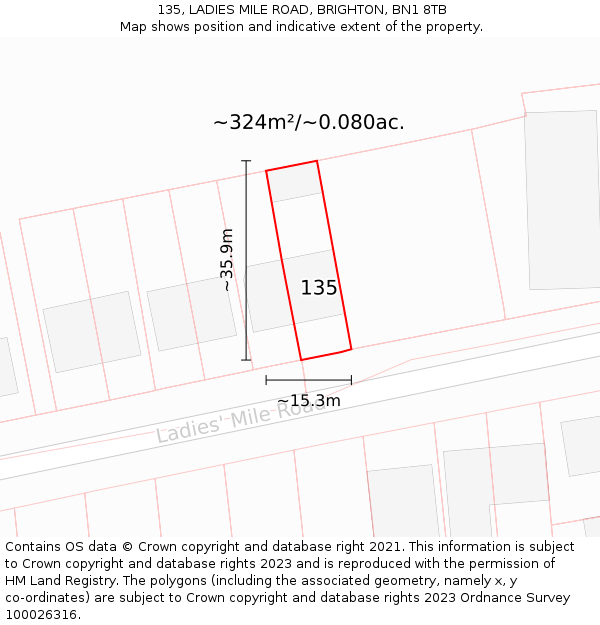 135, LADIES MILE ROAD, BRIGHTON, BN1 8TB: Plot and title map