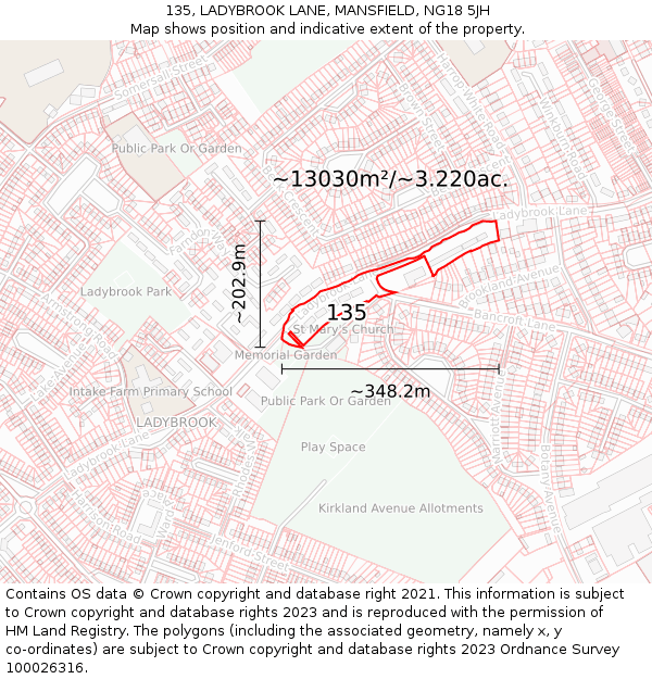 135, LADYBROOK LANE, MANSFIELD, NG18 5JH: Plot and title map
