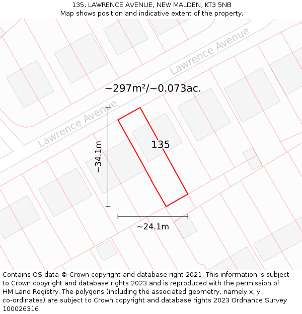 135, LAWRENCE AVENUE, NEW MALDEN, KT3 5NB: Plot and title map